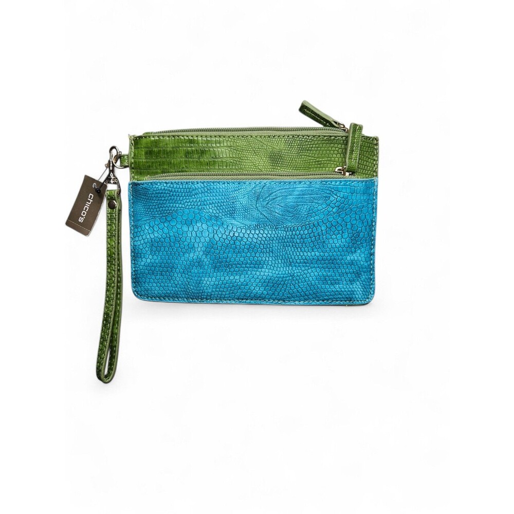 Chico’s Wristlet Clutch Women’s Blue Green Faux Snake Zip Pouch Colorblock